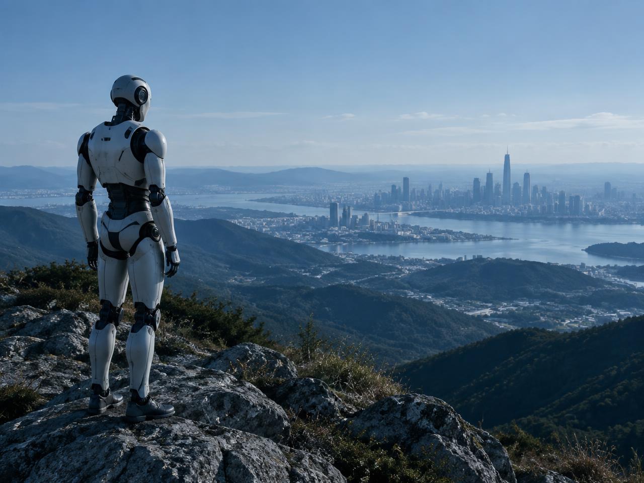 Humanoid robot egy hegytetőn, a távoli metropoliszt nézi nappal
