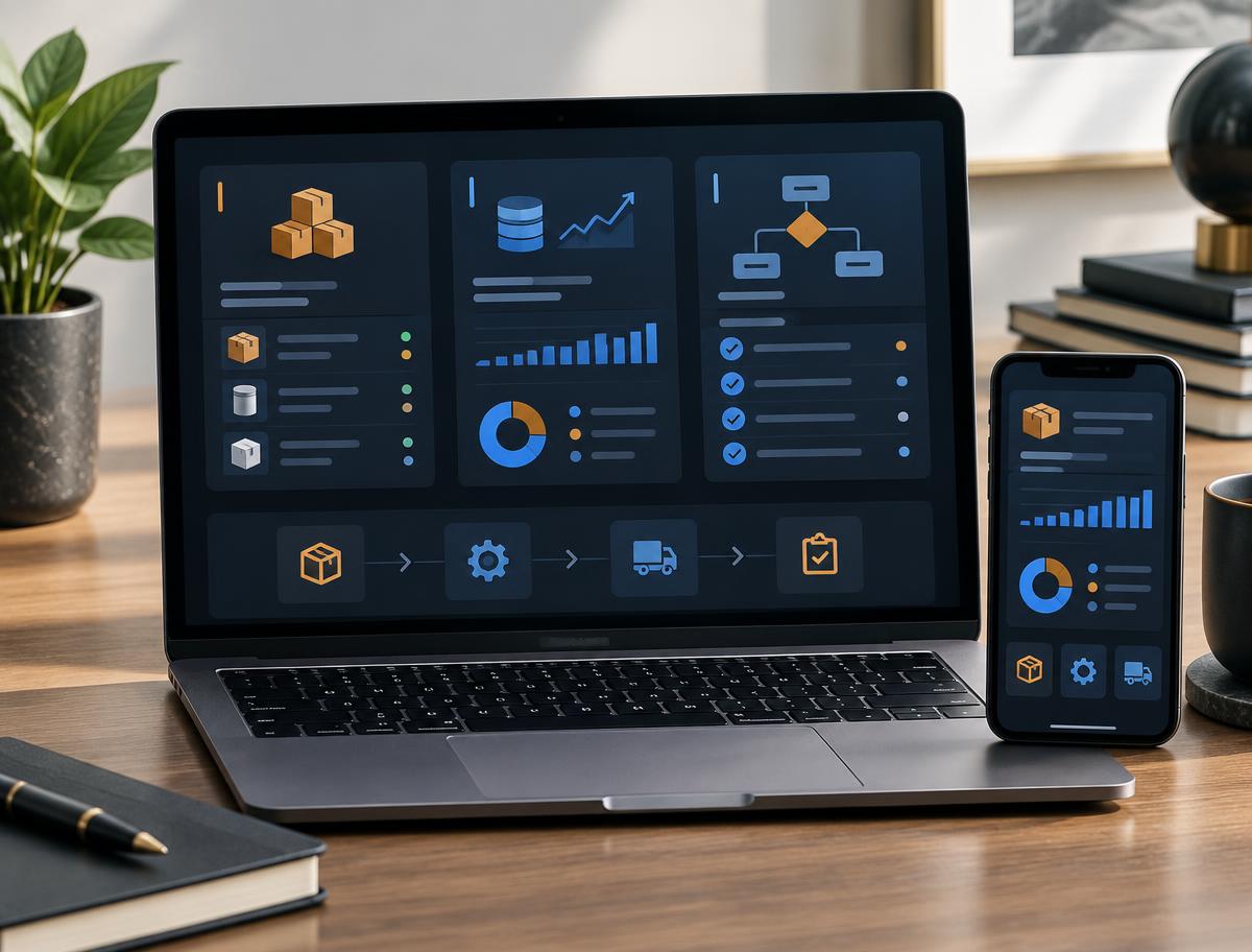 Illusztráció vállalatirányítási felületről laptopon és telefonon